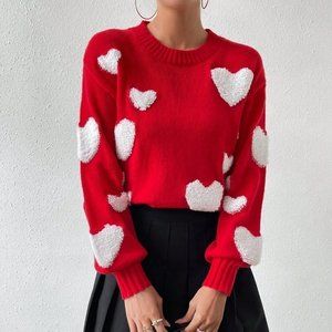 Red Casual Womens Heart Knit Drop Shoulder Sweater